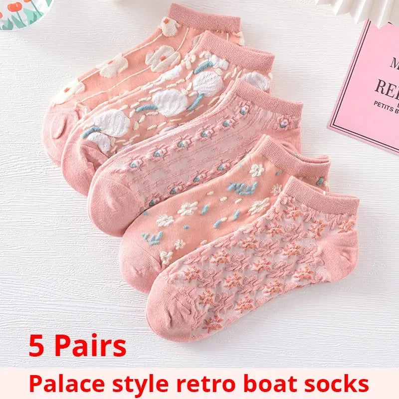 5 Paar Kawaii Süße Blume 3D Textur Knöchelsocken - Vintage Stil Dünne Kurzsocken Strümpfe für Damen Damen Pink Boot Socken Weiblich Hauptbild