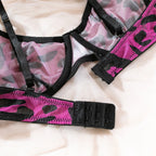 Sexy rosa Leoparden-BH-Handschuhe Beinsocken Dessous-Set Damen Perspektive Bequemes Mesh Exotische Kleidung Unterwäsche Anzug