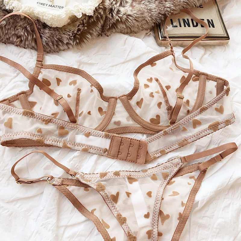 Neues Dessous-Tangas-Set, sexy, ultradünner transparenter BH, Damen-Bügel-Push-up-BH-Set, sommerliche, romantische Pfirsichherz-Unterwäsche
