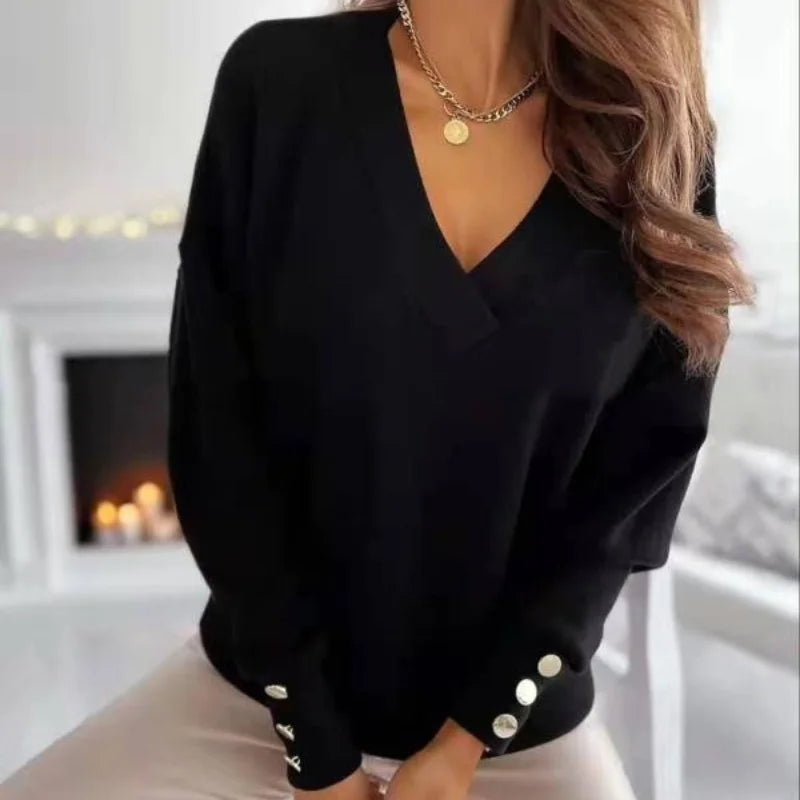 Frühling Herbst Damen Reiner Weicher Langarmpullover V-Ausschnitt Mode Jumper Büro Dame Knopf Lockerer Freizeit Pullover Oberteil Pullover