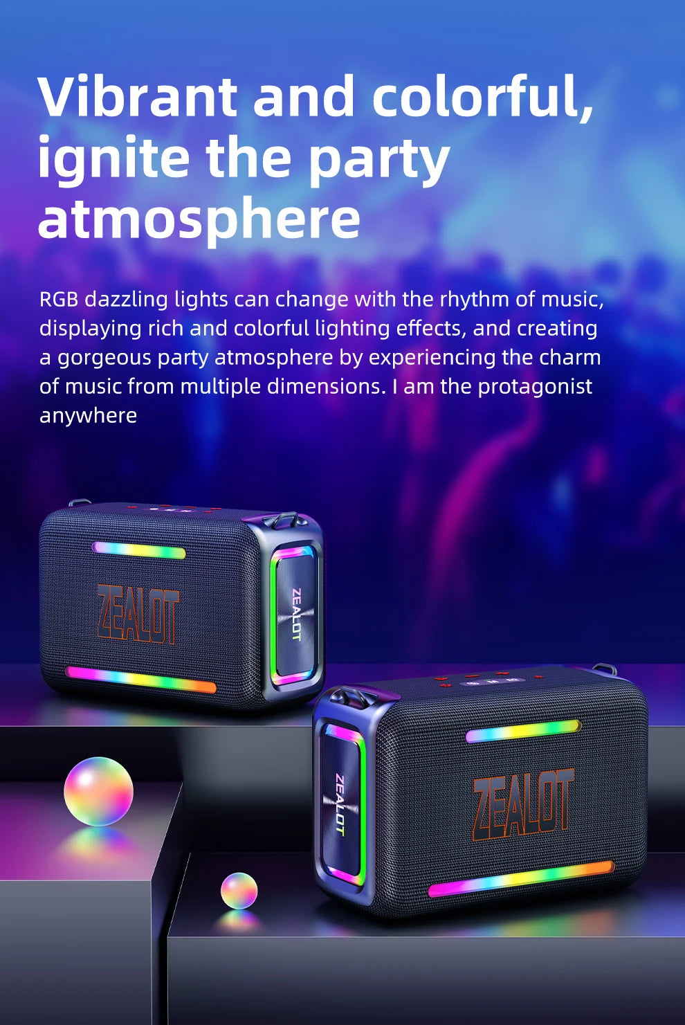 zealot-S95 Tragbarer Bluetooth-Lautsprecher Wasserdicht 120W Hohe Leistung RGB Buntes Licht Kabelloser Subwoofer 360 Stereo Surround TWS