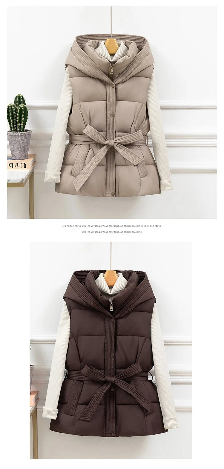 Damen gesteppte Pufferweste, dick, warm, Winter, Kapuzenmantel, einfarbig, ärmellose, gepolsterte Oberbekleidung, kurzer Mantel mit Knopfleiste und Reißverschluss