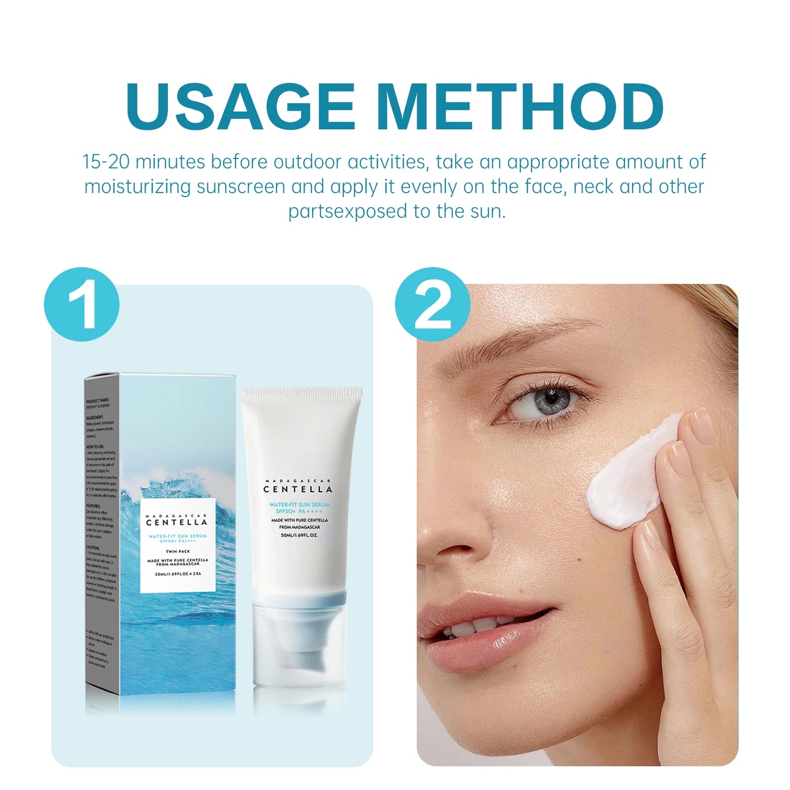 2/1 Stück LSF50+ Sonnencreme Centella Starker UV-Schutz Wasserbasierter Sonnenschutz Sonnenkörper-Sonnenblock Feuchtigkeitsspendende Hautpflege