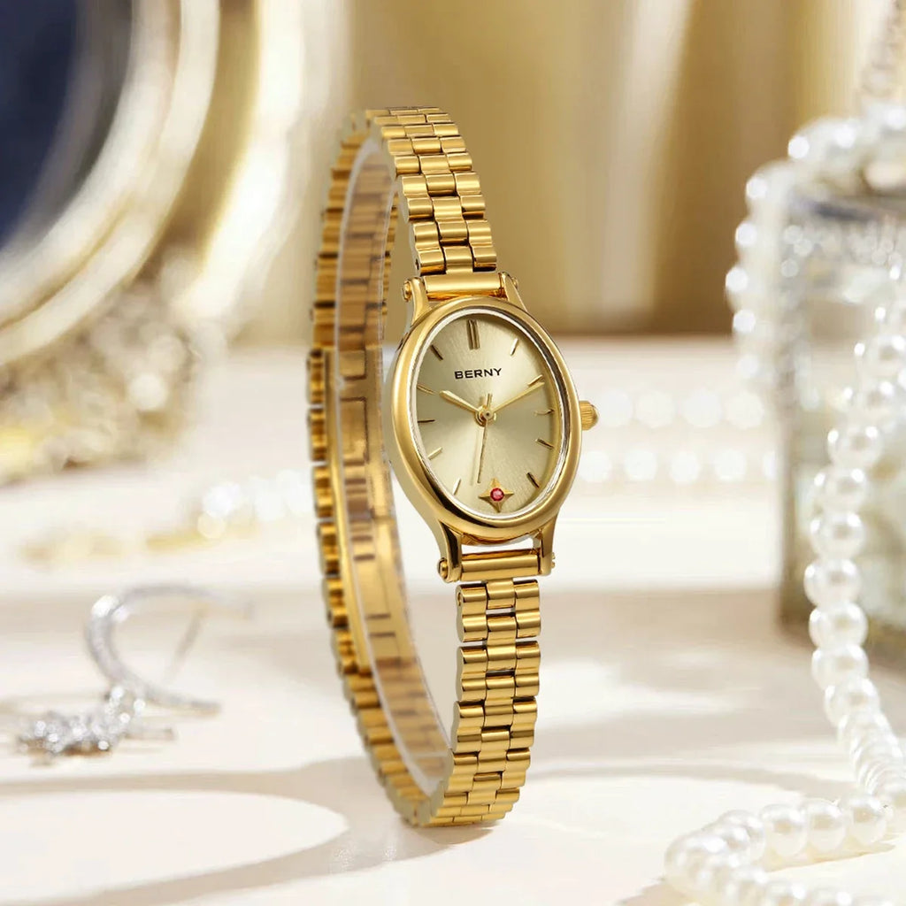 BERNY Gold Watch for Women Olive Green Quartz Jewelry Bracelet Casual Jewelry Women's Wristwatch Small Fashion Ladies Watches