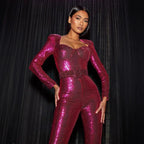 Damen-Jumpsuits Pailletten Einteiler Bodenlang Hosen-Overalls Lange Ärmel Bodycon Party-Nacht-Strampler Spleiß Hohe Taille Gürtel