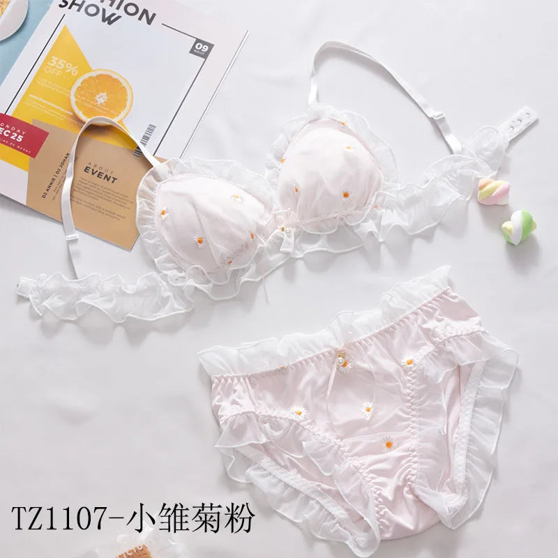 Besticktes Schleifen-Dessous-Set für Damen, japanisches süßes BH-Set, Triangel-Cup ohne Bügel, Studentenunterwäsche
