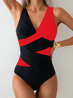 Spliced Color Damen Bademode V-Ausschnitt Cross-Front Badeanzug Rückenfreier Badeanzug Damen Schwimm-Strandmode