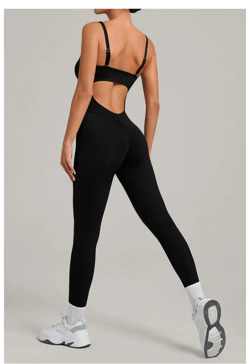 Damen Yoga Jumpsuits Sport Fitness Einteiler Schönheits-Rückengurt Tasche Hüfthebend Slim Fit Laufen Workout Training Bodysuit