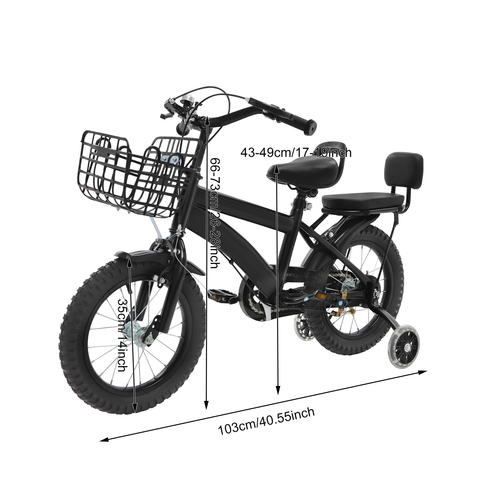 14" Kinderfahrrad Verstellbares Kinderfahrrad Belastbarkeit 60kg mit Stützrädern+Korb+Rückenlehne Rücksitz für 3-7 Jahre (Weiß/Schwarz)