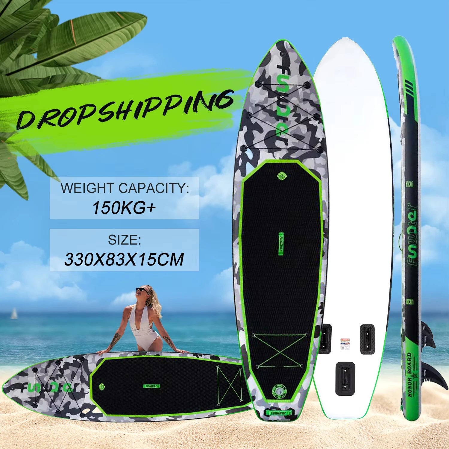 Funwater SUPFW10A ultraleichtes aufblasbares Paddle Board 330*84*15 Paddle Board Größe, PVC-Material, Erwachsenen-Wassersport, Yoga, Angeln, Reisen, Meeressurfen rutschfestes Paddle Board