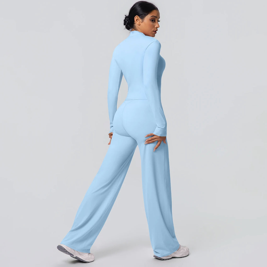 2-teiliges schnelltrocknendes Sport-Fitness-Bekleidung Yoga-Set Damen Yoga Reißverschluss Langarm High Waisted atmungsaktive weite Hose Set