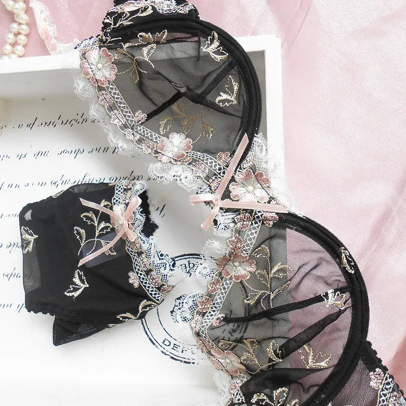 Französischer Minimizer-BH-Set | Große Größe, ungefüttert, Spitze, Halb-Cup, große Körbchen, dünn, Anti-Schwerkraft, transparenter Dessous-Set BANERDANNI BHs