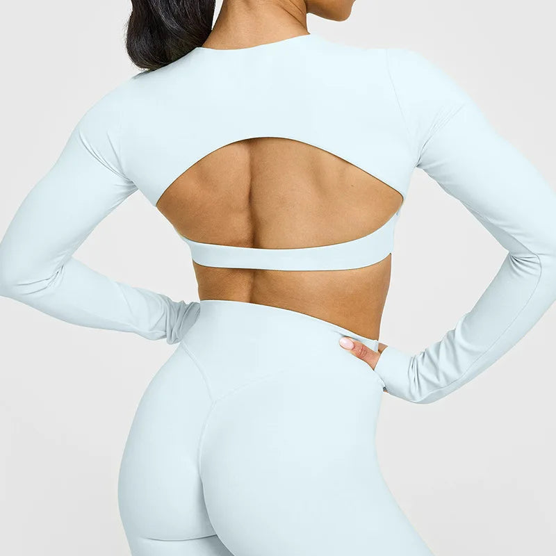 NCLAGEN Yoga-Top mit integriertem BH, langärmeliges Damen-Gym-Oberteil, rückenfreies Workout-Shirt, hochelastisches atmungsaktives Fitness-Shirt