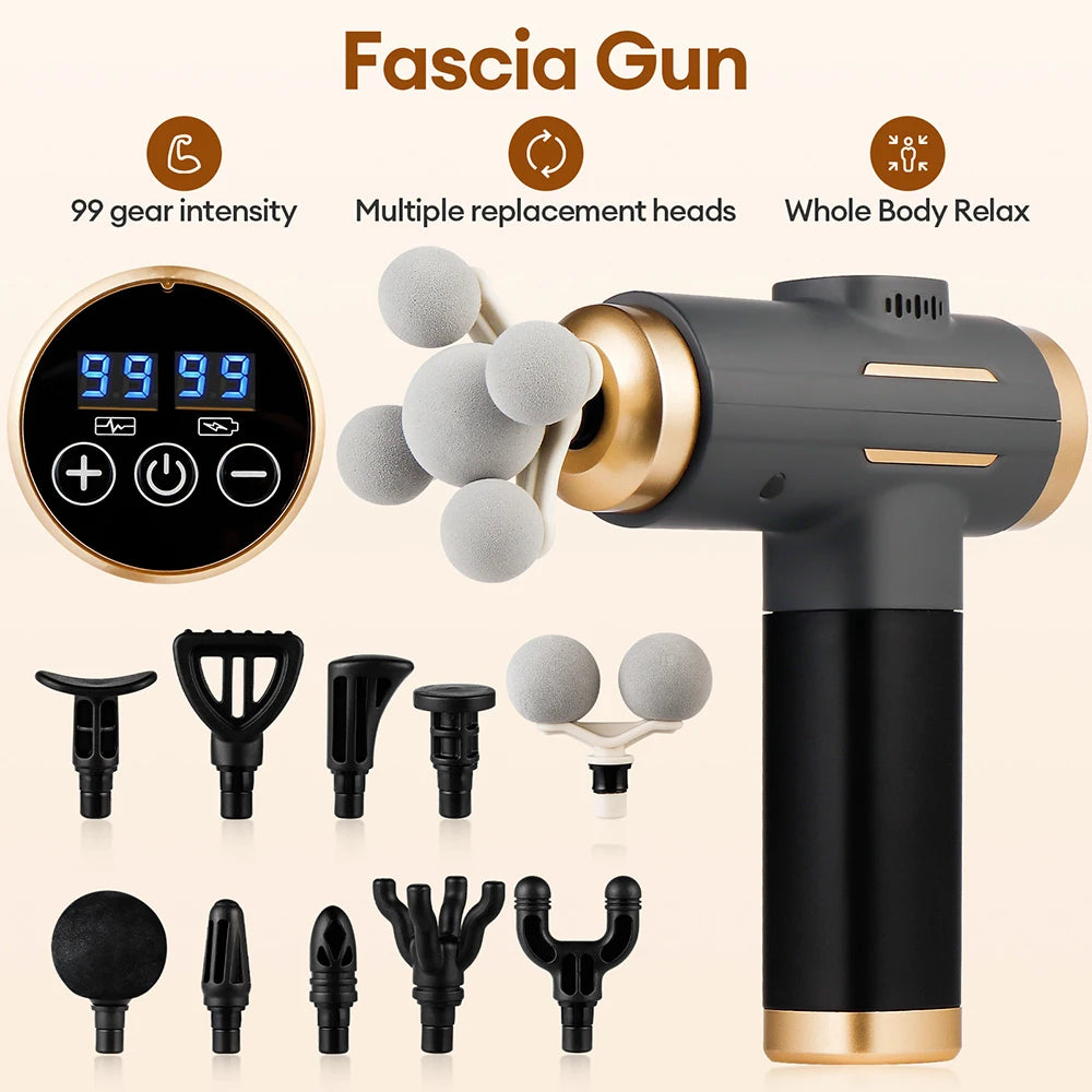 11-IN-1 Elektrisches Massagegerät, 99 Stufen, leistungsstarke Faszienpistole, Hochfrequenz-Vibrations-Körpermassagegerät für Arme, Beine, Muskeln, Masajeador Hauptbild
