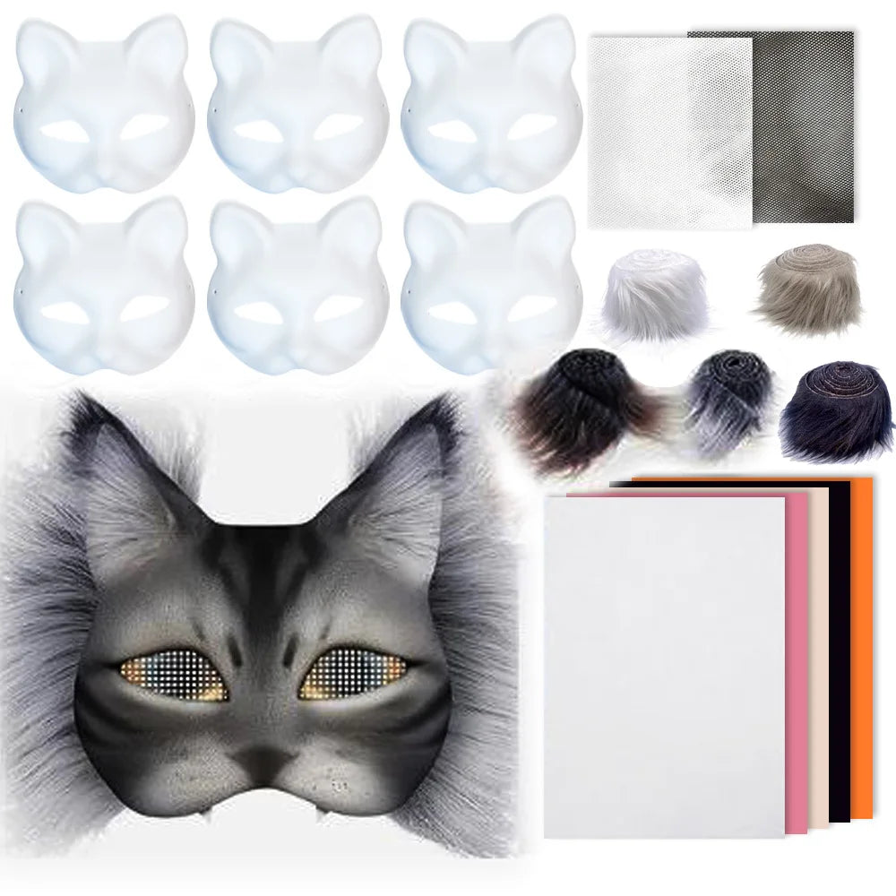 Grenzüberschreitender heiß begehrter Neuer grauhaariger stummer weißer Kater-Set Plüsch klebrige PVC handbemalte DIY Maske Hauptbild