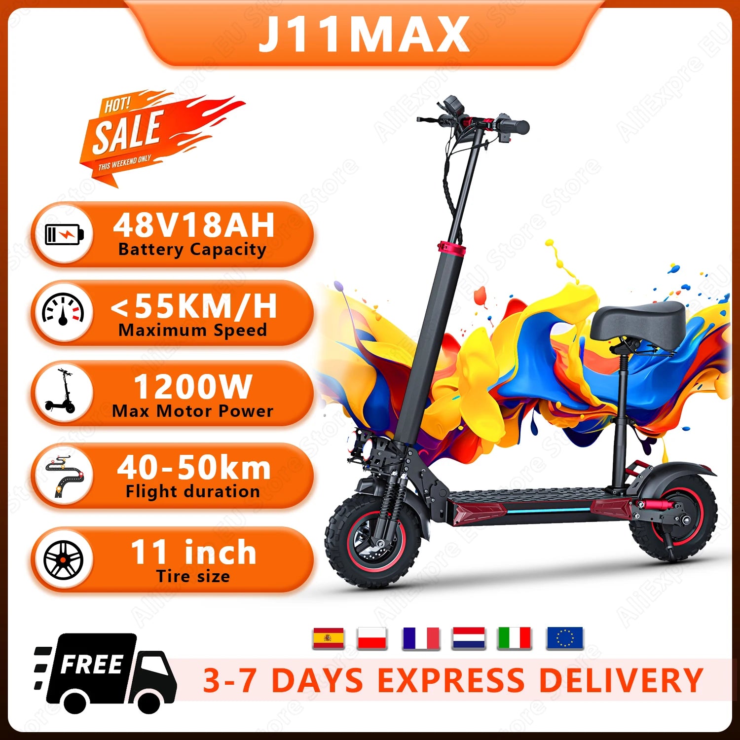 FREEBOY J11MAX E-Scooter, 1200W Motor 48V18Ah, max. Geschwindigkeit 55km/h mit Sitz, Elektroroller für Erwachsene mit 11" Reifen für Pendler in der Stadt Hauptbild