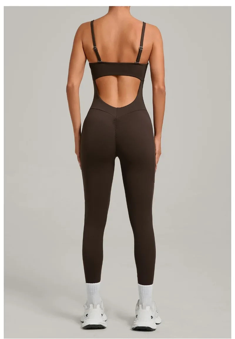Damen Yoga Jumpsuits Sport Fitness Einteiler Schönheits-Rückengurt Tasche Hüfthebend Slim Fit Laufen Workout Training Bodysuit