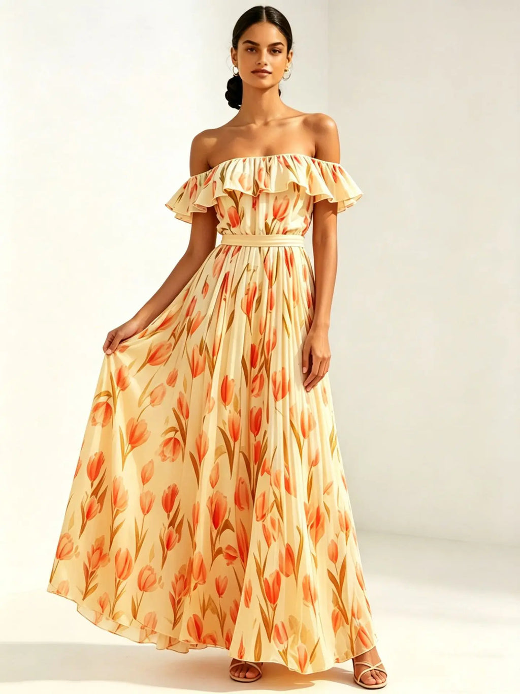 2026 Sommer schulterfreies Kleid mit Tulpenprint in großen Größen, schlankmachend, mit eckigem Ausschnitt und Maxilänge