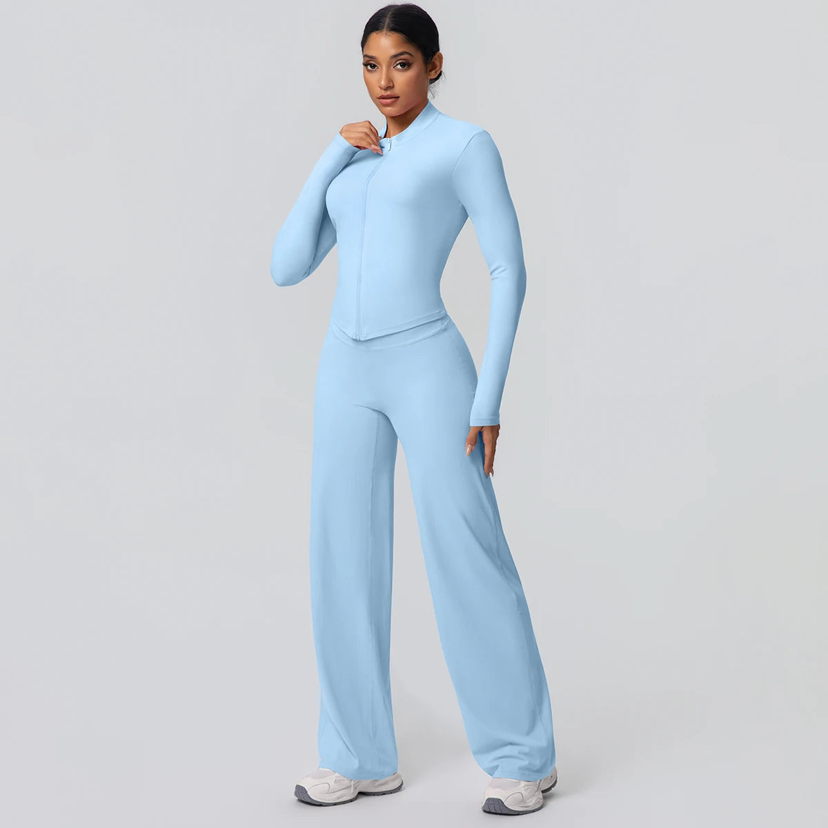 2-teiliges schnelltrocknendes Sport-Fitness-Bekleidung Yoga-Set Damen Yoga Reißverschluss Langarm High Waisted atmungsaktive weite Hose Set