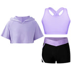 3Pcs Girls Sports Set Vest+Hooded Crop Top+Shorts Sportswear Set for Child Dance Yoga Running Cycling Workout Costume Activewear