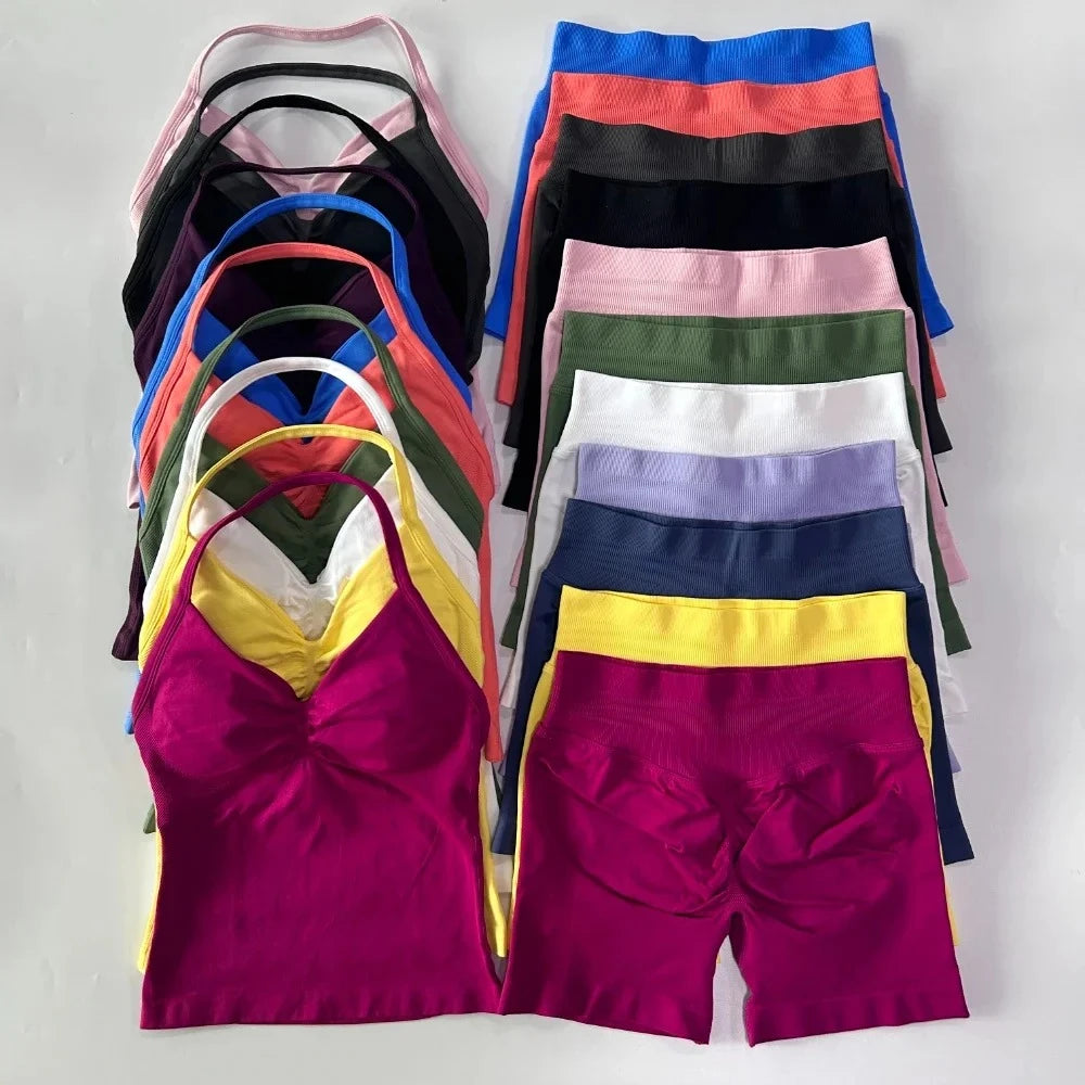 No Logo 2-teiliges Sportset Damen Rückenloses Tanktop Hohe Taille Scrunch Nahtlose Shorts Gym Set Sportbekleidung Workout Set Yoga