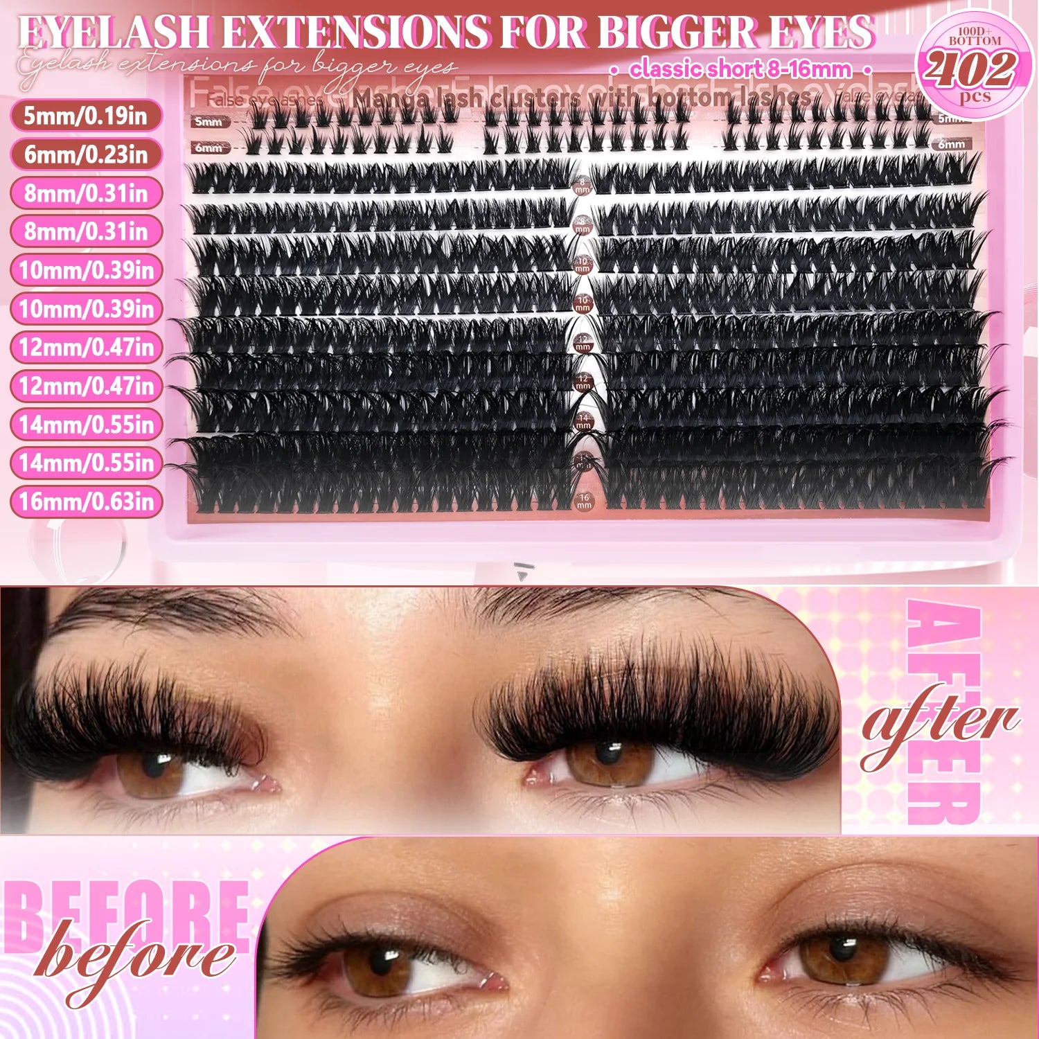 60/402PCS 100D Wimpernset mit unteren Wimpern, dick und angenehm zu tragen für den Alltag, Party, Hochzeit, Abend-Make-up, Wimpernverlängerungen