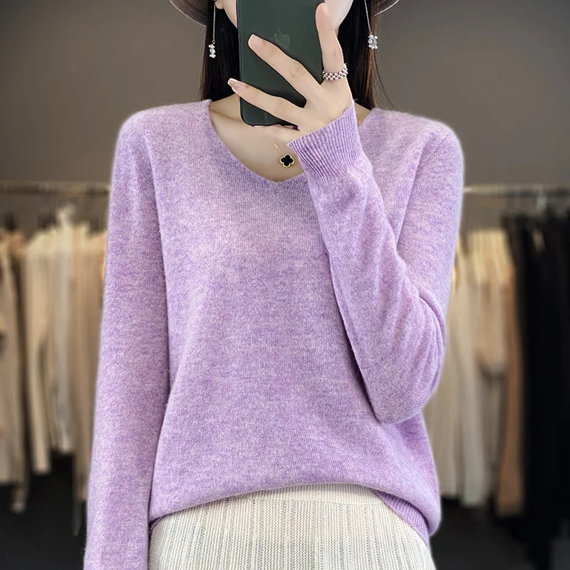 Damen 100% Merinowolle Pullover V-Ausschnitt Basic Pulli Herbst Winter Kaschmir Kleidung Langarm Weiche Strickware Oberteile Unifarben