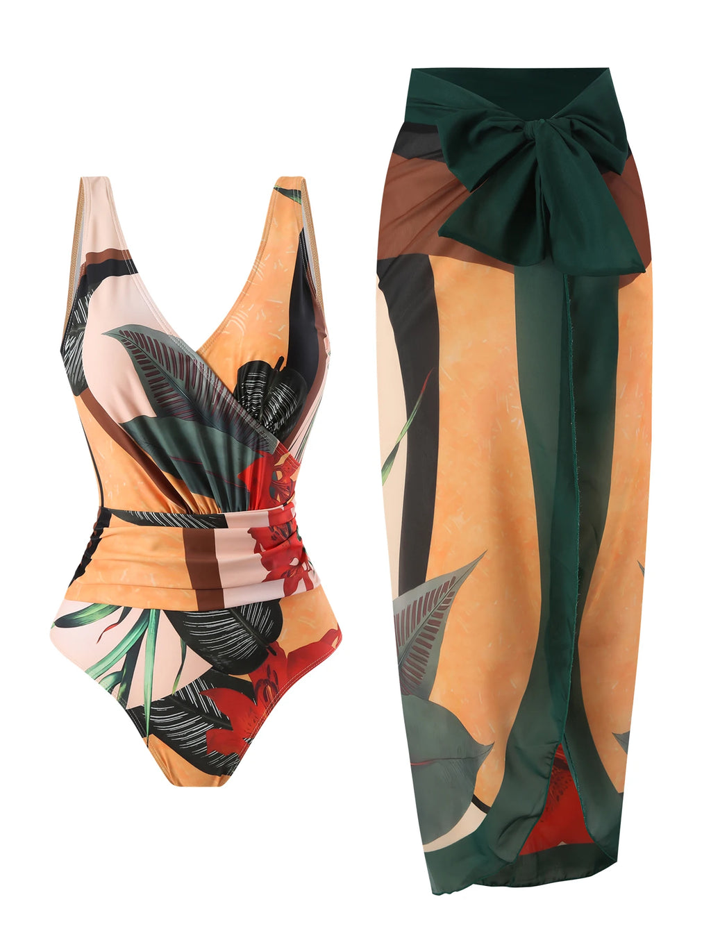 Summer retro digital printed lace up women's beach vacation one-piece swimsuit gauze skirt 2-piece set
