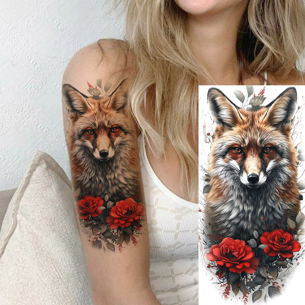 1 Blatt einzigartige Aquarell-Löwe-Tiger-Tier-Temporäre Tattoos langanhaltend wasserdicht Fuchs Eule gefälschter Tattoo-Aufkleber Körperkunst Tattoo