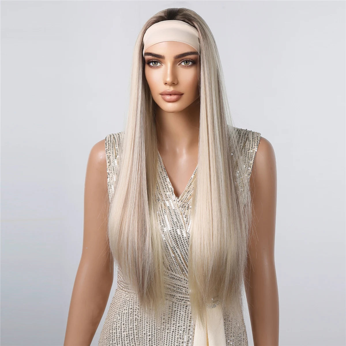 ALAN EATON Lange blonde synthetische Stirnbandperücke Ombre Blond glattes Haar Perücken natürlich aussehend Hitzebeständige Faser für den täglichen Gebrauch