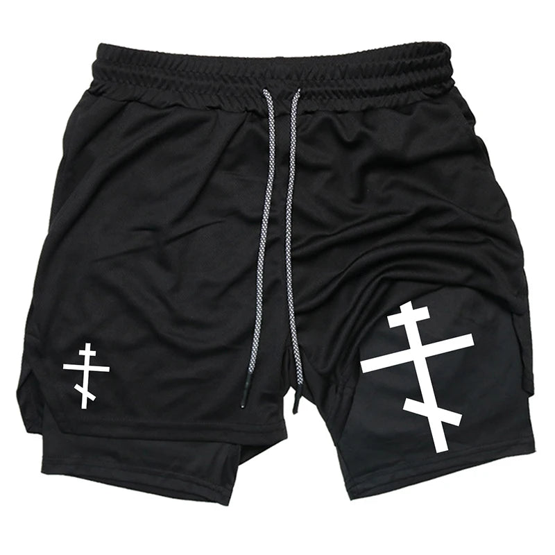Herren-2-in-1-Lauf-Workout-Shorts mit Druck, Christian Gym Athletic Performance Shorts mit Handytasche und Handtuchschlaufe, Activewear