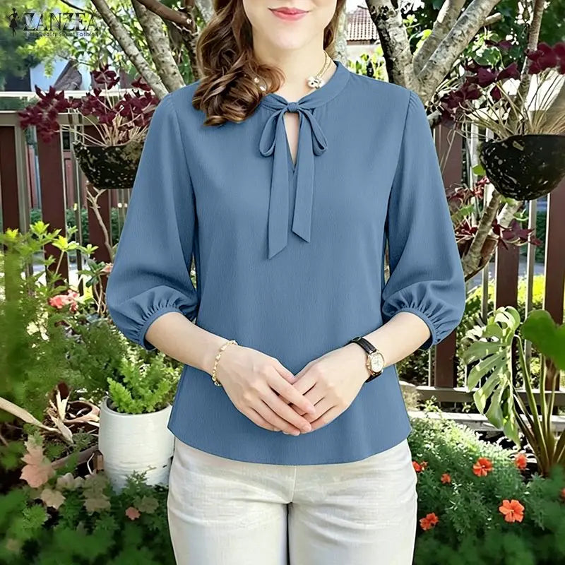 Sommerliche, unifarbene Bluse 2026 ZANZEA Damen Tops Trend Freizeit O-Ausschnitt Kurzarm Blusen Damen Elegant OL Arbeitshemd Mujer Hauptbild