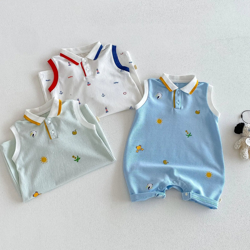 2026 Neue Sommer-Babykleidung 0-2 Jahre Cartoon-Print Ärmelloser Polo-Strampler Atmungsaktives Mesh-Gewebe mit Knopfleiste und Druckknopfverschluss