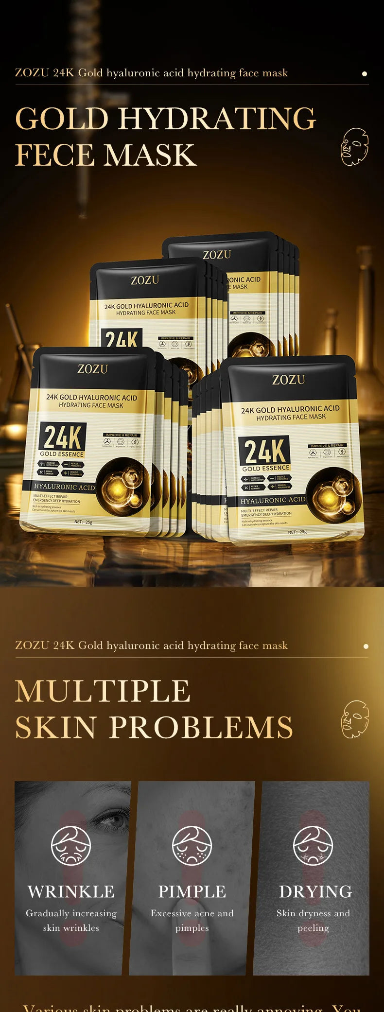 10 Stück 24 Karat Gold Hyaluronsäure Feuchtigkeitsspendende Gesichtsmaske Whitening Maske für Damen Koreanische Hautpflegeprodukte