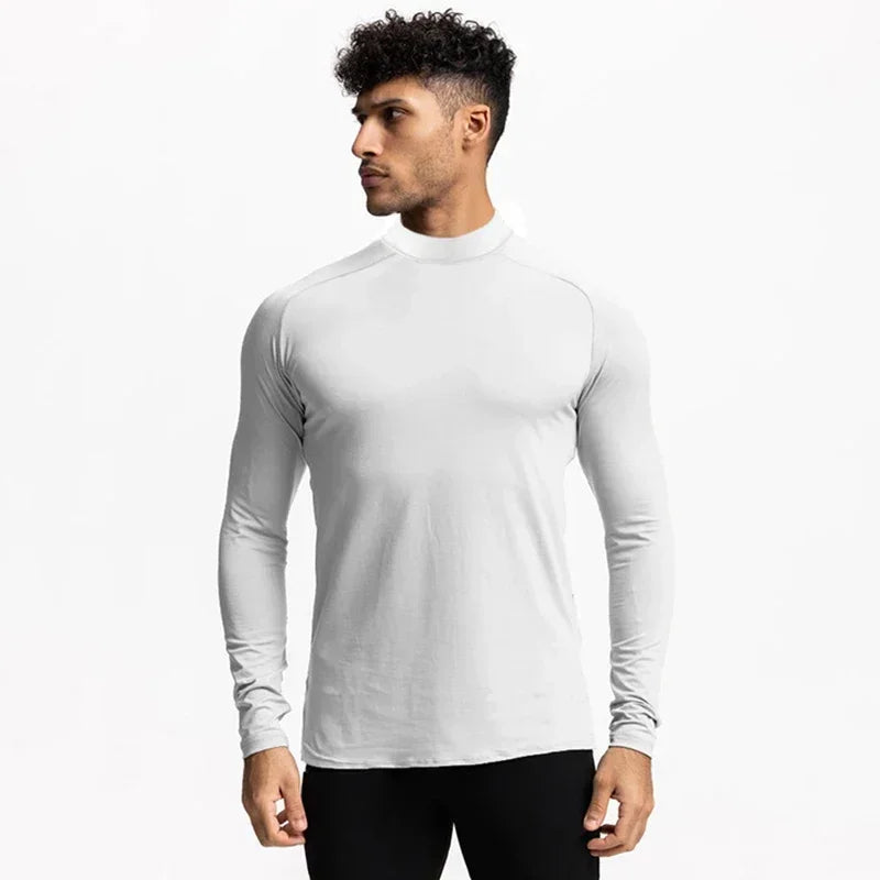 Einfarbige, eng anliegende, schweißabsorbierende, elastische Shirts Fitnessstudio Bodybuilding Fitness Rollkragen-T-Shirts Herren Langarm Schnelltrocknend Herbstkleidung