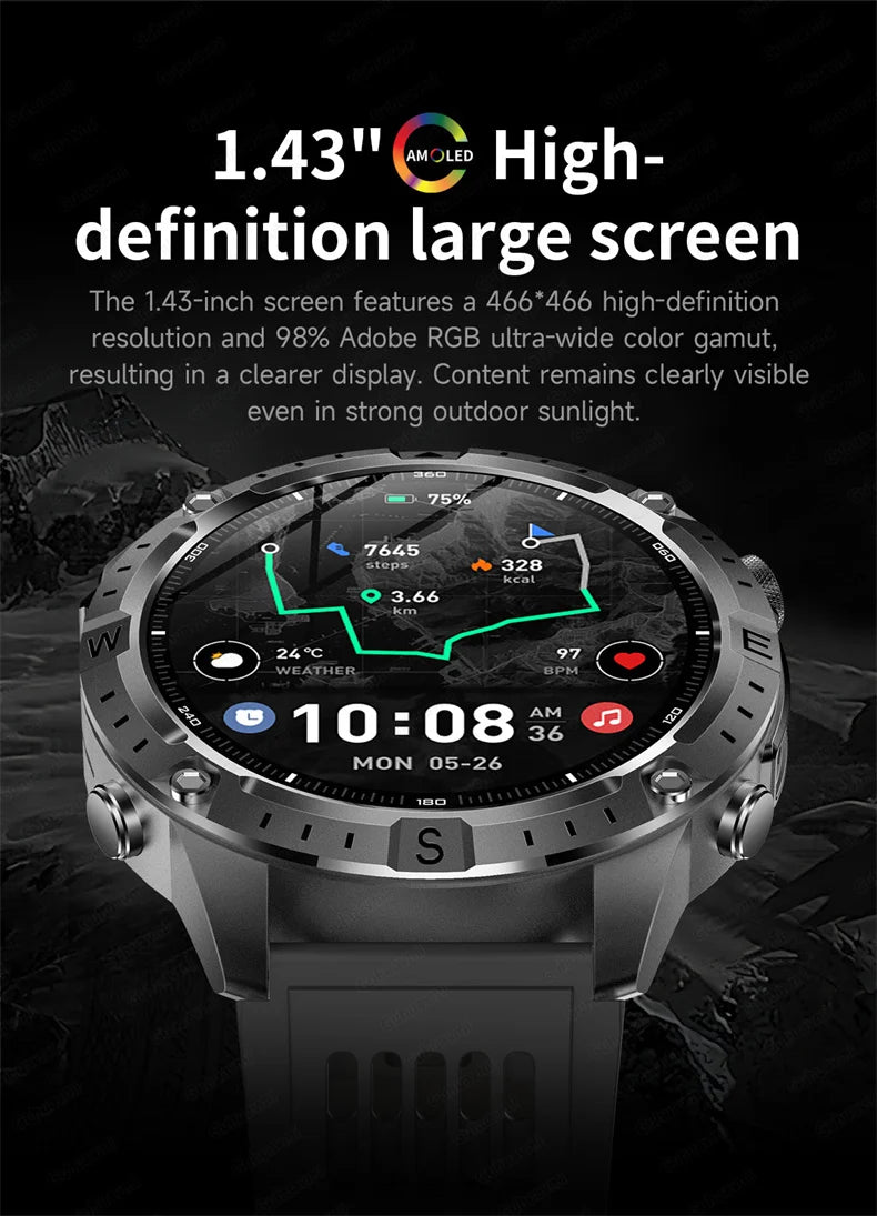 Smartwatch für Herren GPS Offline-Karten 2G ROM 10ATM Wasserdicht Herzfrequenz Tauchen Skifahren Wandern Robuste Smartwatch für Damen und Herren