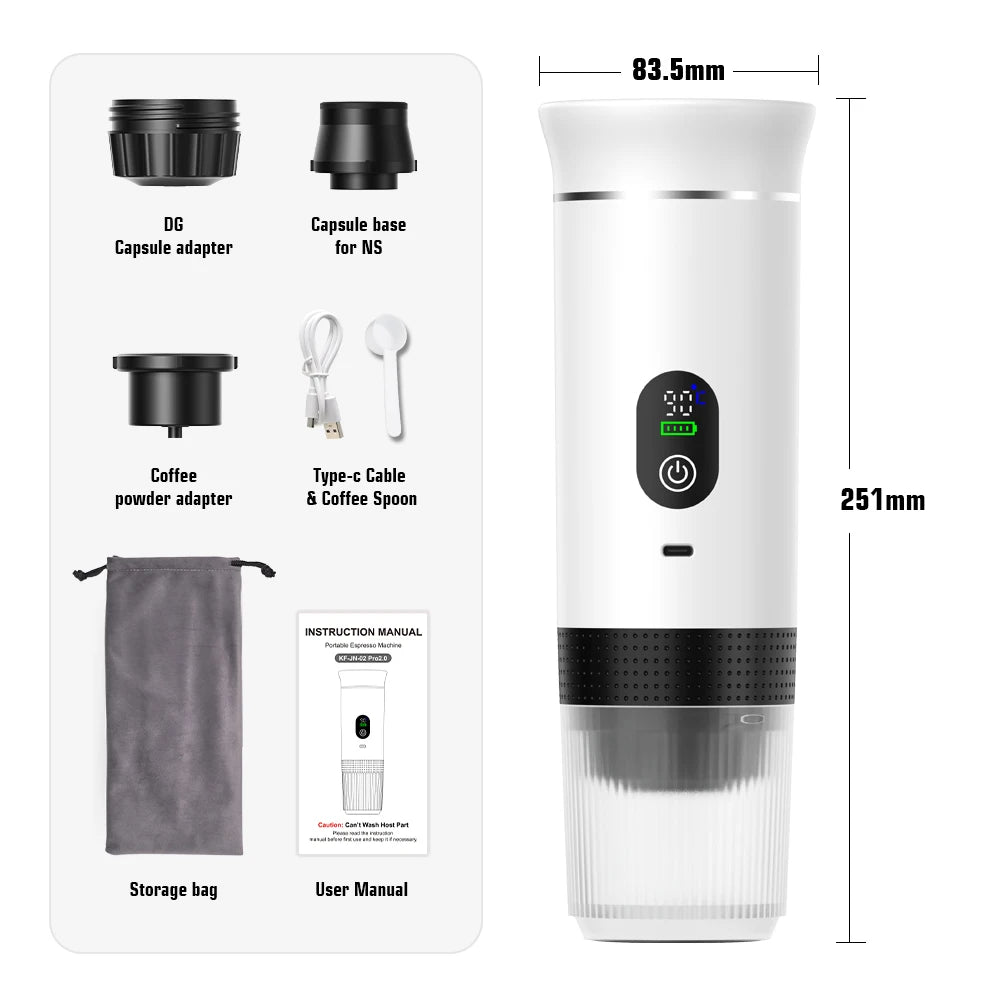 DENOKIN Tragbare Espresso-Kaffeemaschine mit Digitalanzeige, 3-in-1 Kapsel-Kaffeemaschine für Auto & Zuhause, Camping-Kaffeemaschine