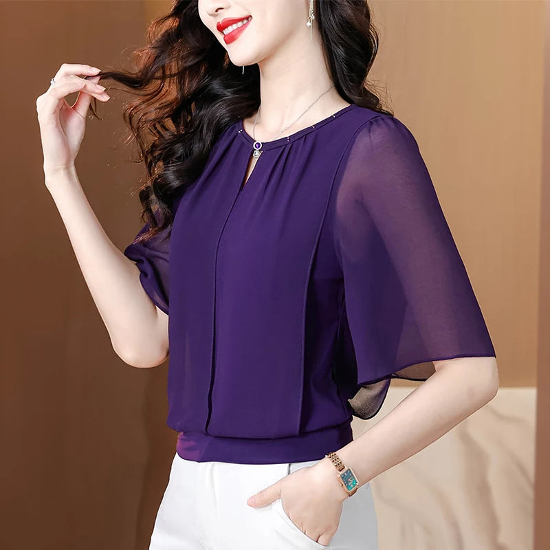 Sommerkleidung Halbarm-Chiffonbluse 2025 Neue Mode Loose Damen Tops Einfarbige Freizeit-Pullover-Shirts