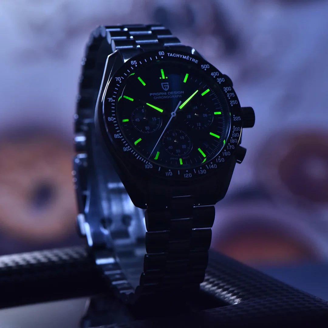 Neue PAGANI DESIGN Moon Men Uhr Retro-Luxus-Quarzuhren für Herren Edelstahl Sport wasserdicht Chronograph Herren+Mit BOX