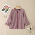 ZANZEA Damen Sommer Plaid Patchwork Bluse 3/4 Glockenärmel Cut Out Tops Lässiges lockeres Hemd Retro Chemise Damen Arbeitsblusen