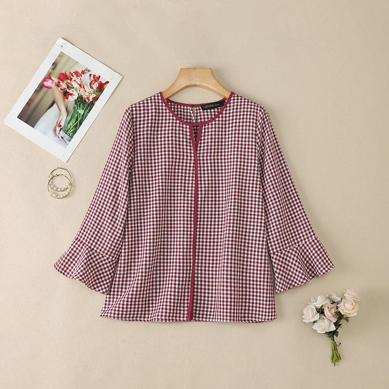 ZANZEA Damen Sommer Plaid Patchwork Bluse 3/4 Glockenärmel Cut Out Tops Lässiges lockeres Hemd Retro Chemise Damen Arbeitsblusen