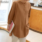 ZANZEA Mode Herbst Langarm Bluse Damen Weites Hemd Elegant Einfarbig OL Arbeitsplatten Lässig Locker Urlaub Arbeit Blusen Damen