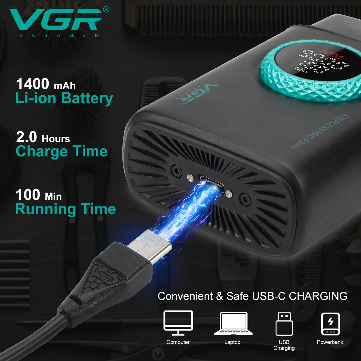 VGR High-End Herrenrasierer, Legierung, drei Schwingklingen, LED-intelligente Digitalanzeige, 9000 U/min Haarschneider V-378