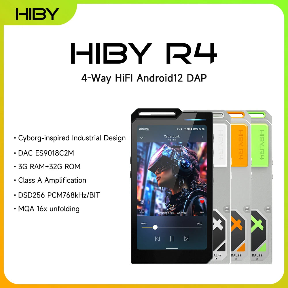 HiBy R4 ES9018Q2M*4 Android12 HiFi-Musikplayer MP3-Audio Bluetooth WiFi DSD256 MQA 16x USB DAC Kopfhörer-Verstärker 11 Std. 4,7'' OPA1652