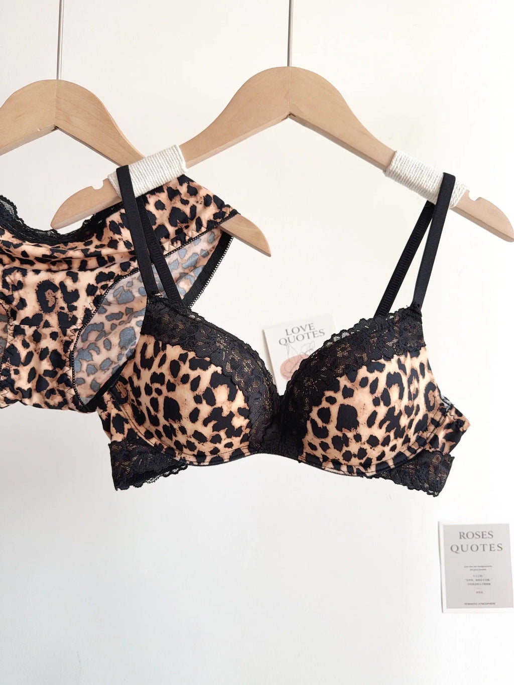 Sexy Leopard-Print-Dessous-Set für Damen, kabellos, unsichtbarer Push-Up für kleine Brüste, verstellbares A-bis-C-Körbchen, transparenter, reiner Spitzen-Look, S-XL