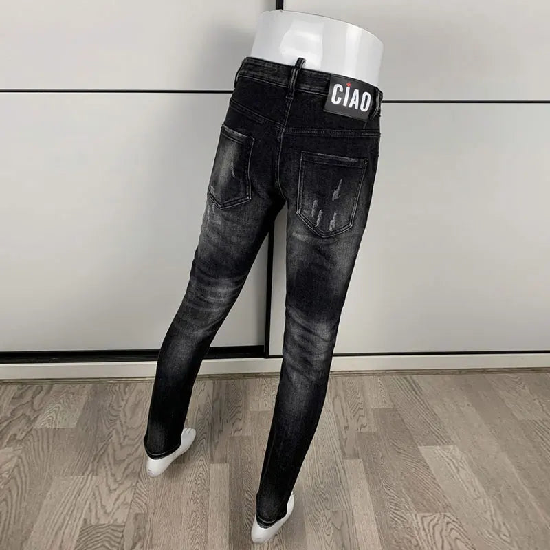 Street Fashion Herren Eng Schwarz Grau Jeans Retro Elastische Schlankmachende Split-Style Jeans Herren Retro Designer Brand Jeans Hombre