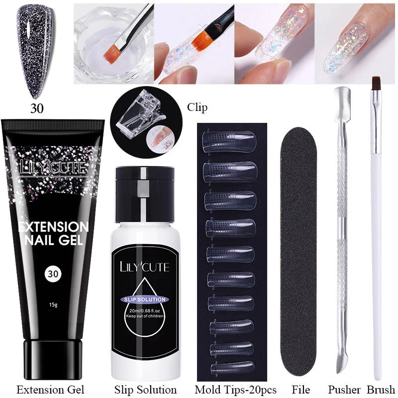 LILYCUTE 15ml Verlängerungsgel-Nagellack-Set Quick Nail Prolong mit Verlängerungsform-Nagelspitzen Acryl-Lösung Maniküre-Werkzeug-Kit