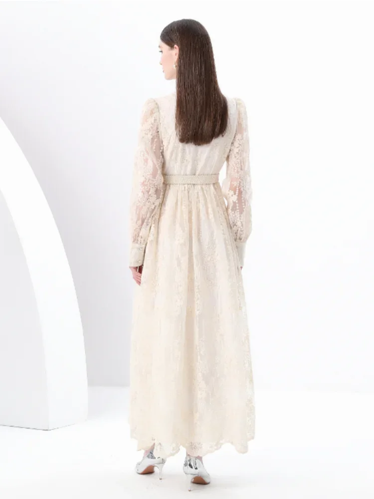 Frühlings-Herbst Französisches High-End Damenkleid Neue Spitze Stickerei V-Ausschnitt Laternenärmel Einreiher Party Geburtstagskleid C192