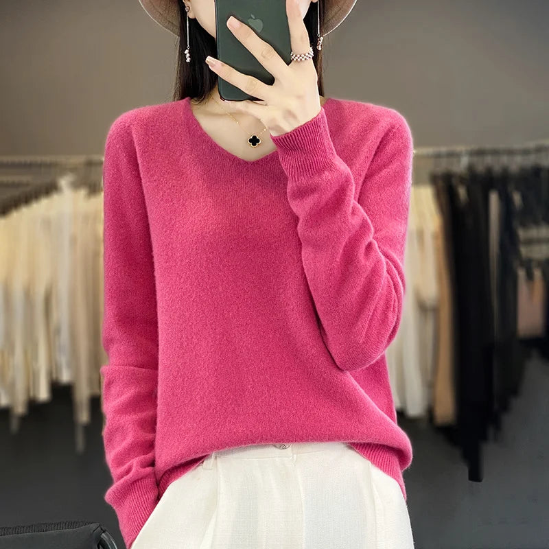Damen 100% Merinowolle Pullover V-Ausschnitt Basic Pulli Herbst Winter Kaschmir Kleidung Langarm Weiche Strickware Oberteile Unifarben