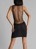 Y2K E-Girl Mesh-Panel V-Ausschnitt Bodycon Minikleid Damen Schwarz Ärmellose Clubwear